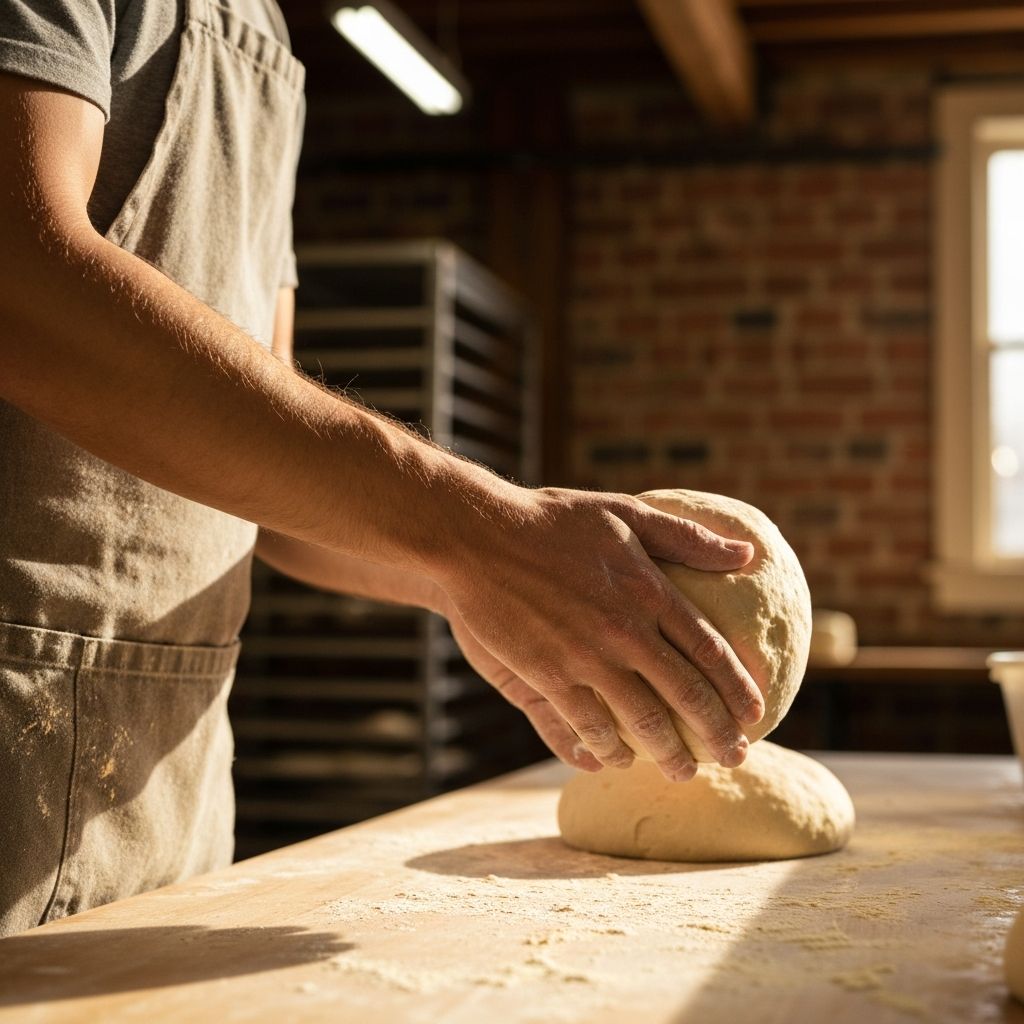 Hands of a baker working dough